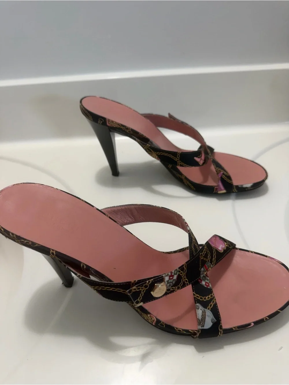 Gucci Pink and Black Chain-Print Heeled Slide Sandals